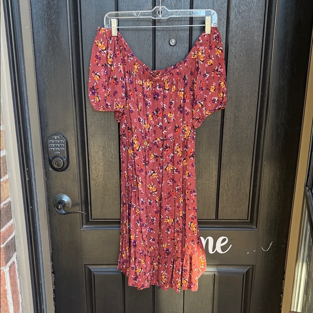 Maurices Floral Off-Shoulder Midi Dress - Red and Yellow